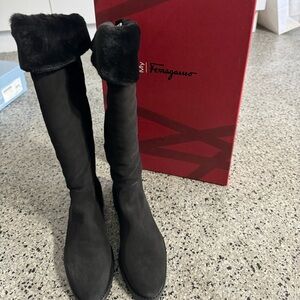 NIB Ferragamo Black Fur Trimmed Suede Boots | 36.5